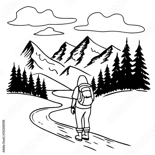 Adventurous Hiker in Mountainous Landscape Vector Art for Outdoor Enthusiasts