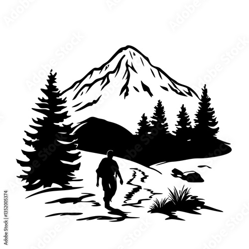 Hiker Silhouette in Scenic Mountain Landscape for Outdoor Adventure Design