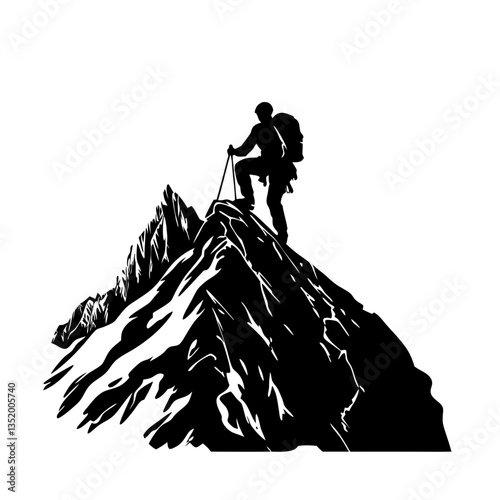 Mountain Climber Silhouette Standing On Summit Adventure Vector Art