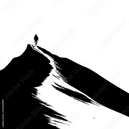 Solitary Hiker Silhouette on Mountain Peak Vector Illustration for Adventure Inspiration