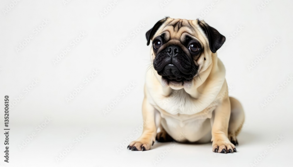 A solo pug, attentively posed on a pure white background , animal photography, wrinkles, adorable A solo pug, attentively posed on a pure white background , animal photography, wrinkles, adorable