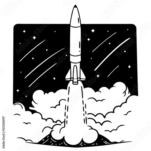 Vector Rocket Launch Night Sky Illustration for Posters and Coloring Books