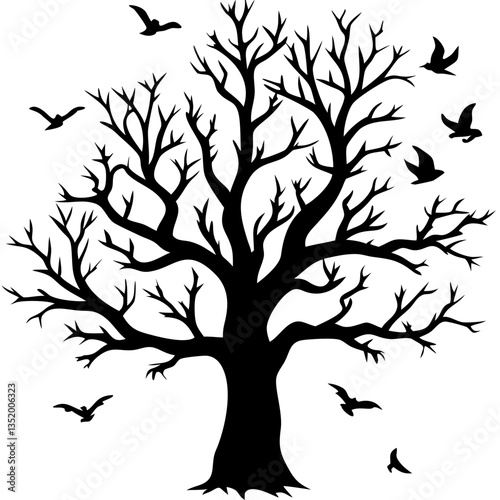 Silhouette of Leafless Tree with Birds Flying Vector Illustration for Art and Design