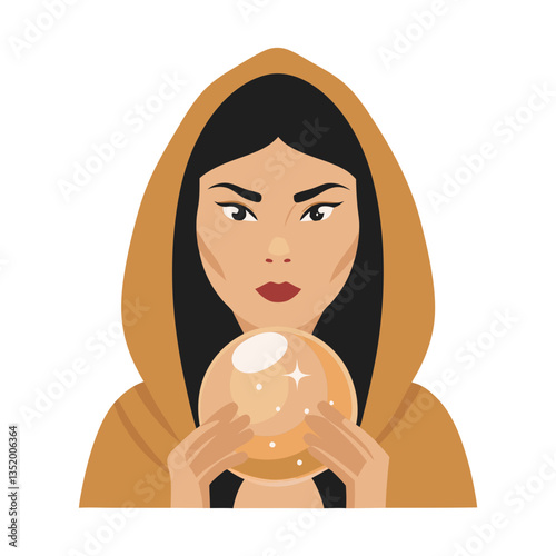 Mysterious Woman Holding Crystal Ball in Hooded Cloak Vector Illustration