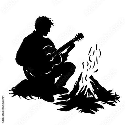 Campfire Night Guitarist Silhouette Illustration for Music Lovers and Outdoor Adventures