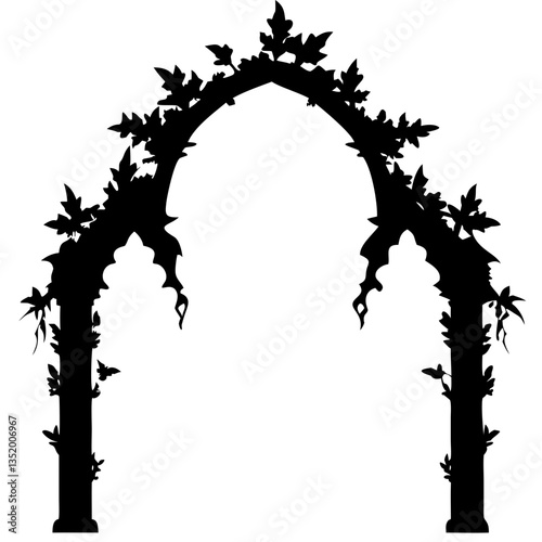 Ornate Gothic Archway Silhouette with Leafy Vines for Design and Decoration