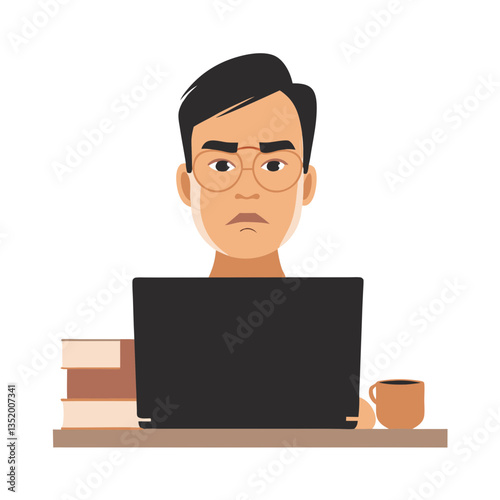 Focused Man Working on Laptop with Books and Coffee Vector Illustration