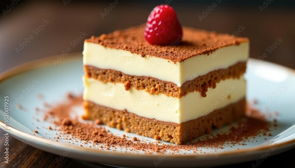 Close-up of a single serving tiramisu, showcasing texture and layers , layered, macro Close-up of a single serving tiramisu, showcasing texture and layers , layered, macro