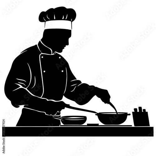 Chef Silhouette Cooking at Kitchen Counter Vector Illustration