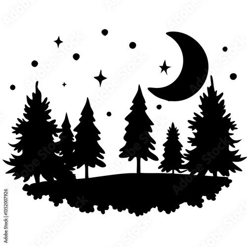 Night Forest Silhouette with Crescent Moon and Stars for Vector Art and Decorative Use
