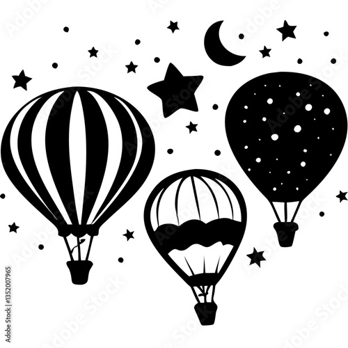 Hot Air Balloons Floating Among Stars and Moon Vector Design