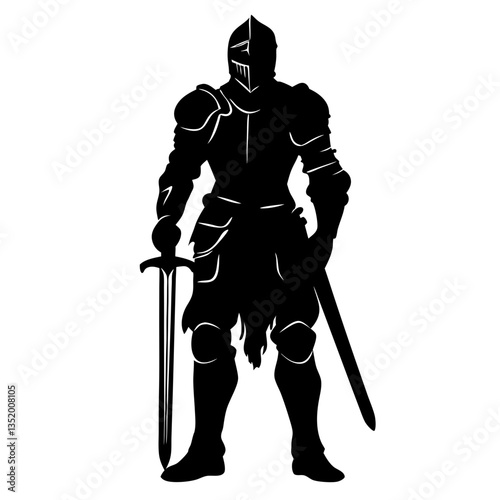 Medieval Knight Silhouette in Armor Holding Sword Vector Illustration