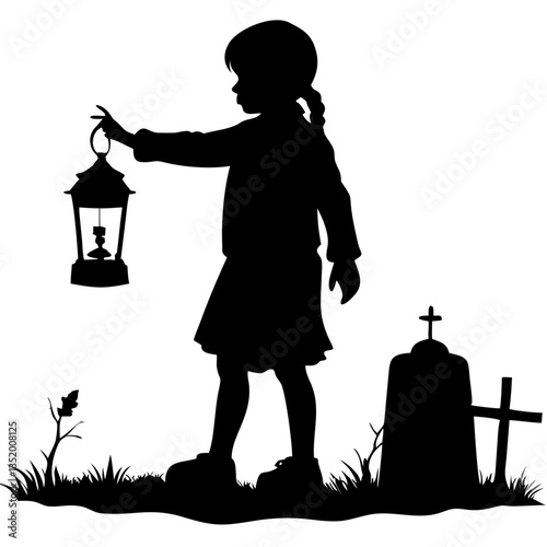 Silhouette of Girl Holding Lantern Near Graveyard for Halloween Vector Illustration