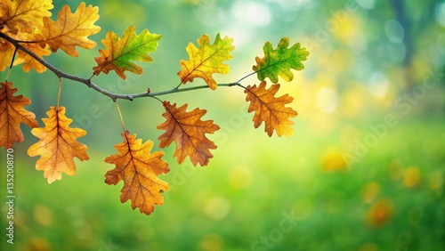 Fototapeta Naklejka Na Ścianę i Meble -  Fallen oak leaves on a lush green background, with some leaves still clinging to the branch, showcasing the transition from autumn to winter colors , seasonal change, fall leaves