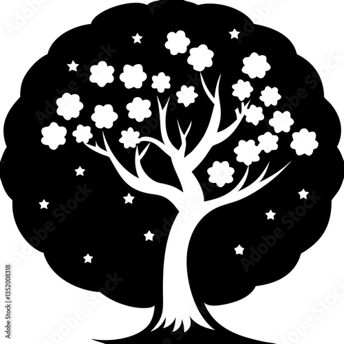 Elegant Silhouette Tree with Floral Canopy and Stars for Nature Decor and Art Projects