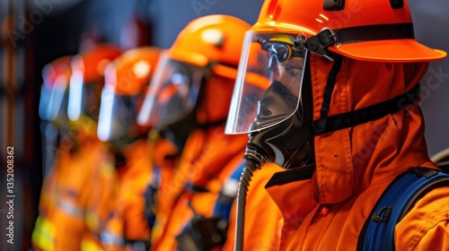 Protective clothing and respirators for firefighters displayed in a row