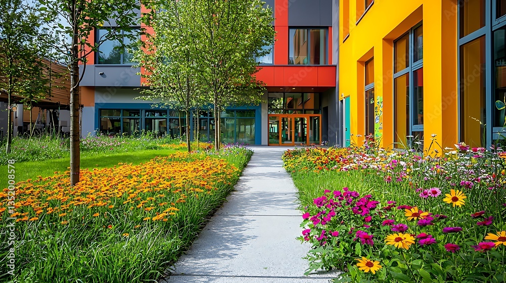 Obraz premium Colorful building exterior with vibrant flower garden and pathway.