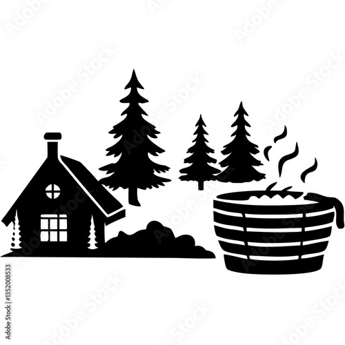 Cozy Cabin and Sauna in Pine Forest Vector Scenic Illustration