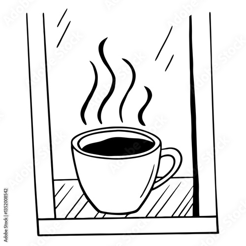 Steaming Coffee Cup on Windowsill Cozy Morning Home Decor Vector Illustration