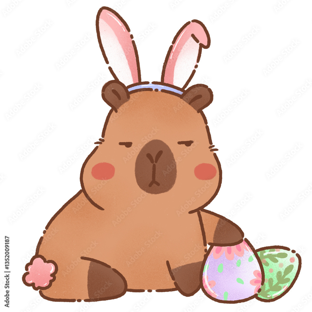 Obraz premium cute capybara wearing bunny ears sits with colorful Easter eggs, looking adorably grumpy