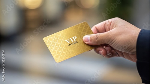 Customer retention concept. Golden VIP card held by a hand, symbolizing exclusivity and luxury in a blurred background.