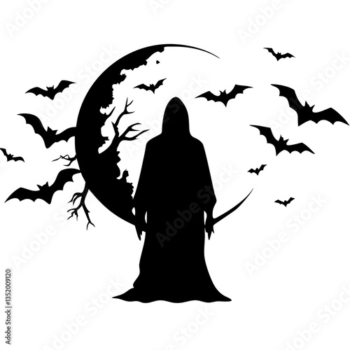 Grim Reaper Silhouette with Bats and Crescent Moon for Halloween Design