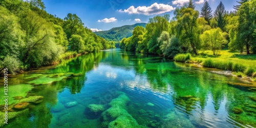 Fototapeta Naklejka Na Ścianę i Meble -  Beautiful green Mreznica river in Belavici village in Croatia, serene and tranquil atmosphere with lush vegetation surrounding the riverbank, riverside view, mreznica river