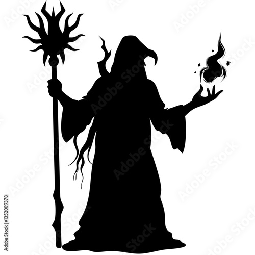Mysterious Sorcerer Silhouette with Staff and Magical Energy for Fantasy Art and Design