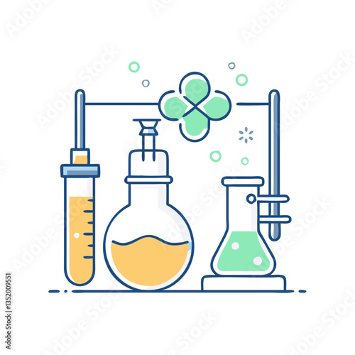 Chemistry lab icon with flasks, symbol of science and experiments, laboratory glassware and test tubes