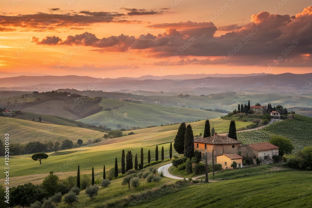 Obraz premium A Tuscan farmhouse nestled in rolling hills at sunset, bathed in warm golden light, showcasing the beauty of the Italian countryside.