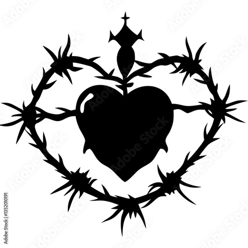 Black Heart with Barbed Wire Crown Vector for Tattoo and Graphic Design