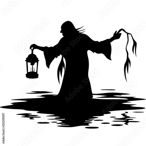 Mysterious Hooded Figure with Lantern Silhouette over Water