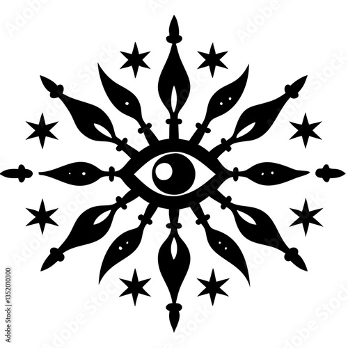 Mystical Eye Mandala with Stars Decorative Vector Design for Tattoos and Coloring Books