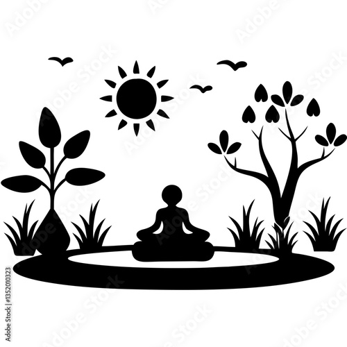 Silhouette Meditation Under Sun with Nature Elements for Relaxation and Peaceful Mindfulness