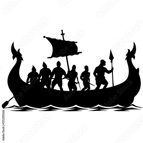 Viking Longship Silhouette with Warriors on Sea Adventure Suitable for Tattoo or Art Design