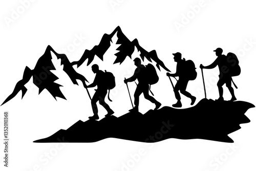 Hikers Trekking Mountain Silhouette Outdoor Adventure Vector Art