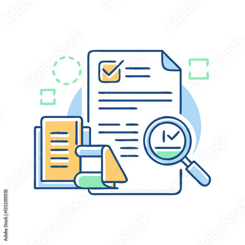 Research paper icon with documents and magnifier, symbol of research and academic knowledge