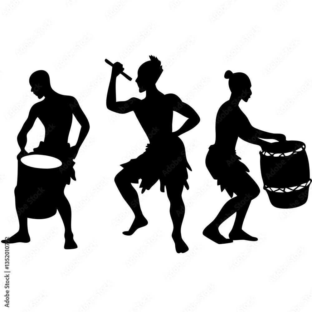 Tribal Drummers Silhouette Playing Traditional Percussion Instruments for Cultural Art Design