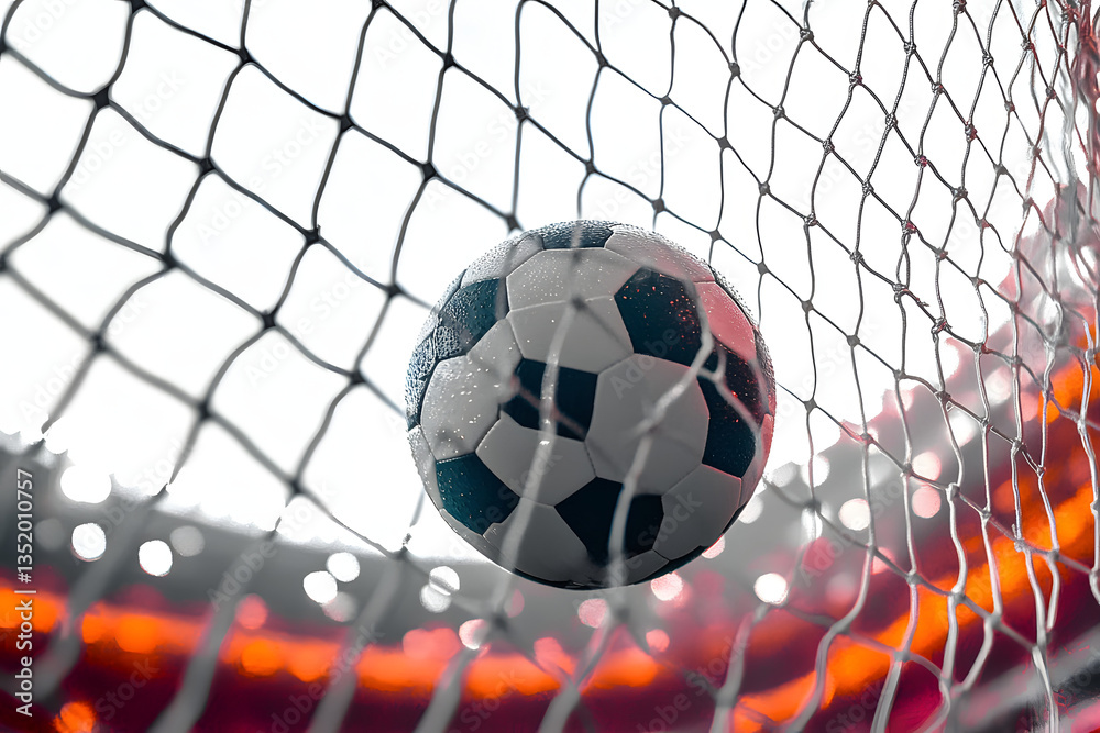 Naklejka premium Soccer ball scores a goal on the net in a football match