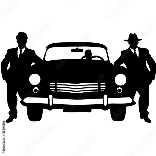 Vintage Car with Two Men in Suits Vector Art for Retro Design