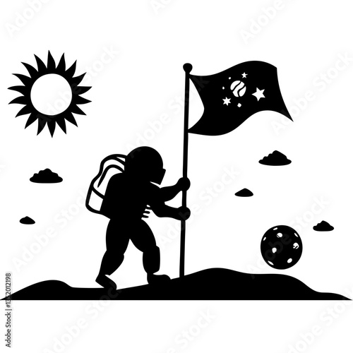 Astronaut Planting Flag on Cosmic Landscape Vector for Space Illustrations