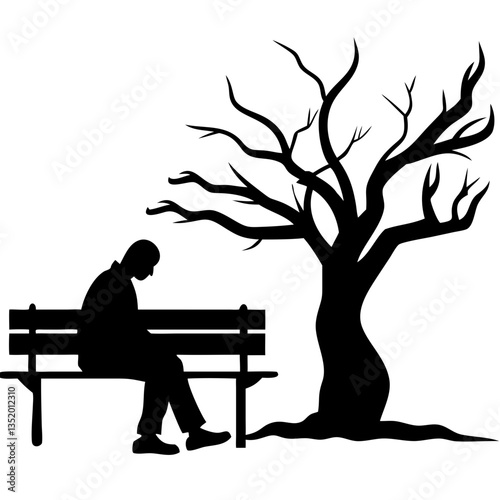 Silhouette of Lonely Man Sitting on Bench by Bare Tree Vector Illustration
