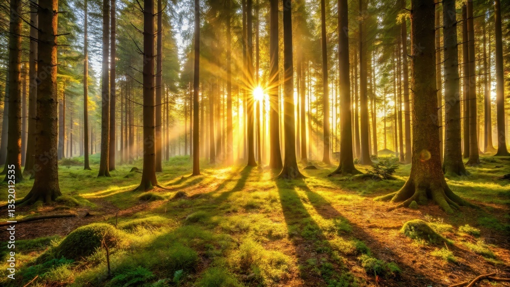 Fototapeta premium Forest floor bathed in warm golden light as morning sun peeks through towering trees, forest floor, dawn, forest floor