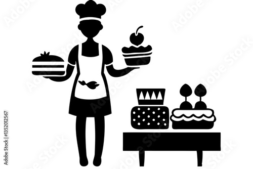 Pastry Chef Holding Cakes Silhouette for Bakery and Culinary Art Projects