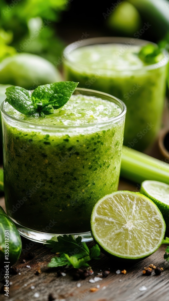 Fototapeta premium A realistic close-up of a transparent glass cup filled with a freshly blended green detox drink made from cucumber, celery, and lime