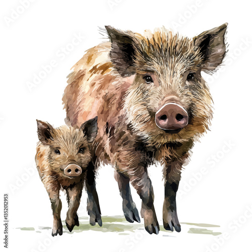 A watercolor vector painting of a mother boar with her kid, isolated on a white background.

