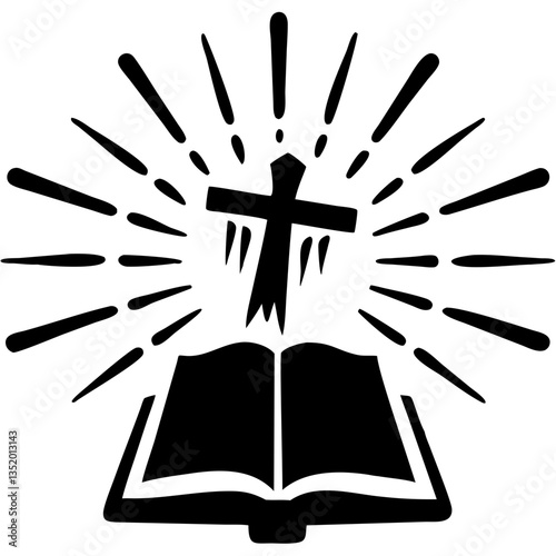 Silhouette of a Cross Above an Open Bible with Radiating Light Vector Illustration
