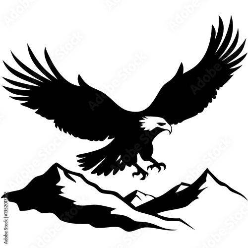 Majestic Eagle Silhouette Soaring Over Mountain Peaks Vector Illustration