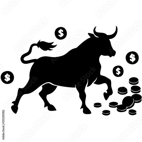 Bull Market Vector Illustration Silhouette with Coins and Dollar Symbols