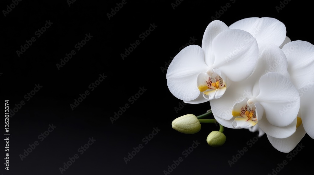 Fototapeta premium Elegant white orchid flowers with delicate petals and green buds isolated on a solid black background with copy space.